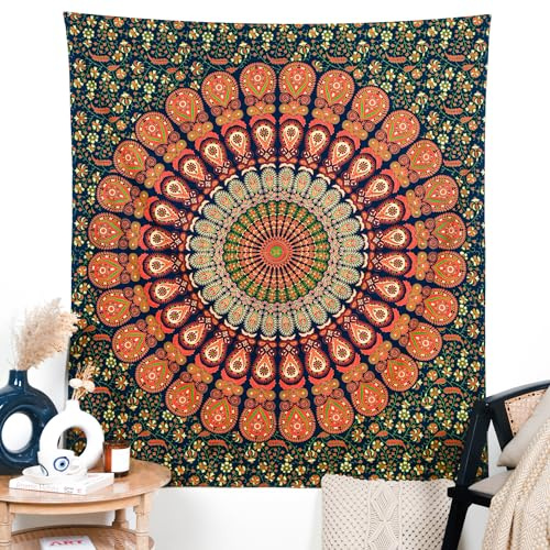 RAJRANG BRINGING RAJASTHAN TO YOU Mandala-Wandteppich für Schlafzimmer und Wohnzimmer, Dekoration, Boho-Stil, Bohemian-Stil, Wandbehang, Baumwoll-Wandteppiche, goldgrün, 127 x 152 cm