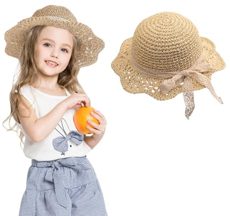 Symphonyw - Cappello di paglia per neonata, cappello da spiaggia estivo per bambina con arco pieghevole, cappello da sole (FR/ES, Età, 6 mesi, 24 mesi, Beige)