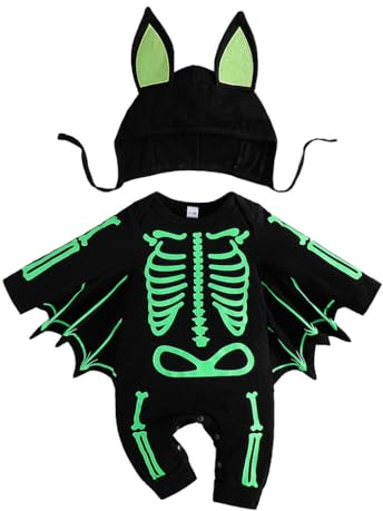 LYZOURBB Baby Boy Girl Halloween Outfits Unisex Infant Long Sleeve One-piece Bat Romper Glow in the Dark Halloween Skeleton Jumpsuit Overalls with Hat for 0-24M
