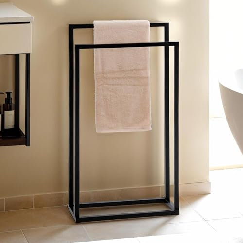 Handtuchhalter MAILO schwarz - Handtuchständer mit 2 Stangen, Badetuchhalter freistehend und platzsparend, modern