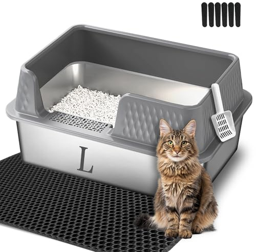 Suhaco Bandeja de Arena para Gatos en Acero Inoxidable con Tapa y Pala para inodoros de Gatos High Edge XL fácil de Limpiar, Gran Bandeja de Arena para (M, Gris).