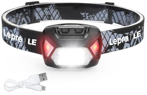 Lepro Linterna Frontal LED Recargable 2000lux, Linterna Cabeza USB Recargable D500, 6 Modos de Luz con Luz Rojo, Impermeable IPX4, Luz Frontal Cabeza para Correr, Camping, Excursión, Pesca