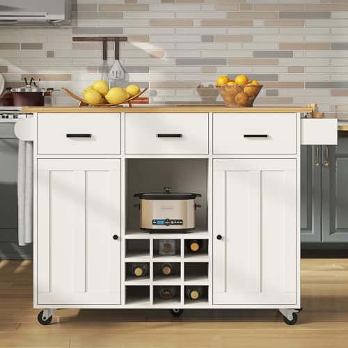 Huayz Carrito isla de cocina con encimera plegable, armario de cocina con ruedas con 3 cajones, estante para especias y 2 puertas, isla de cocina móvil, para cocina y comedor