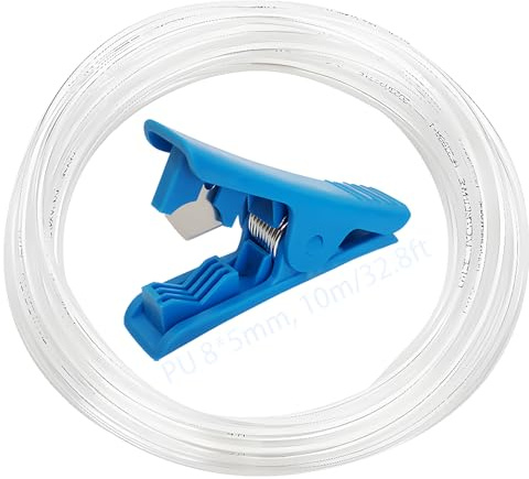 CESFONJER Tubo flessibile per compressore d'aria, tubo pneumatico in poliuretano OD 8 mm x ID 5 mm con tagliatubi blu, tubo in PU trasparente utilizzato per la trasmissione di sorgenti di gas (10 m)