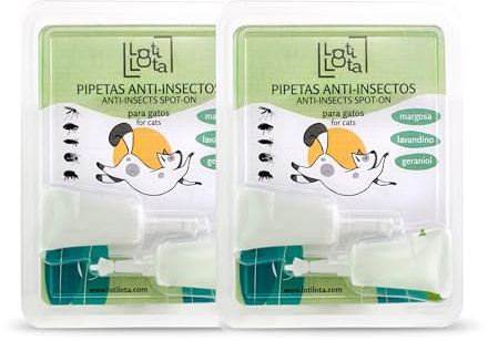 LOTI LOTA Pipetas Anti-Insectos para Gatos - Pack 2 Blister (4 Pipetas Total) - Activos 100% Naturales - Contienen Margosa, Geraniol, Lavandino - Ingredientes Naturales - Pulgas, Garrapatas e Insectos