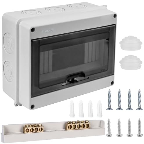 Boîte à fusibles en saillie - Étanche IP65 - Avec bornes en laiton - Boîte de distribution - En saillie - 1 rangée de 8 modules - Pour jardin ou extérieur - Électrique - Villas - Colonnes de charge