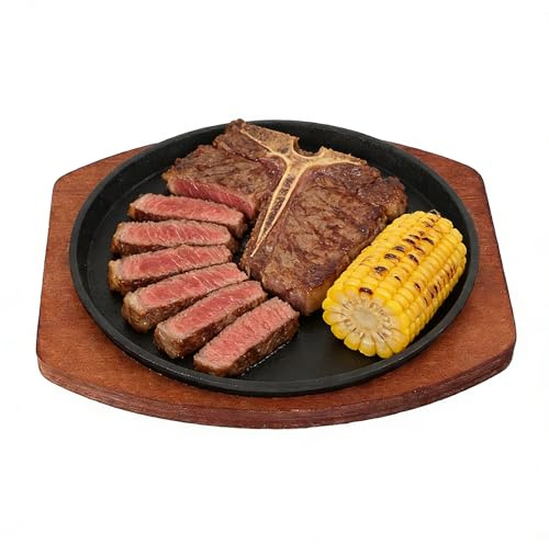 TOPPERFUN Iron Steak Plate with Wooden Base Pan for Bbq Steak Grill Pan for Home Kitchen Restaurant Serving Family Dinners Small Gatherings 9.84 X 9.05 X 0.98 in