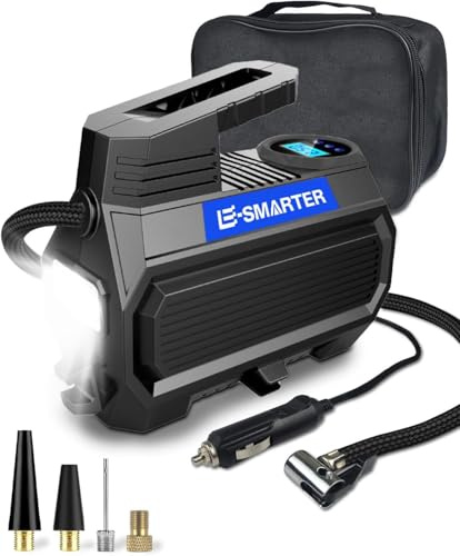 E-SMARTER Car Tyre Inflator 12V, Fast Car Tyre Pump with Handle, 4 Adaptors, Portable Air Compressor for Car, Bike, Motorcycle, Ball, Mattress, Blue