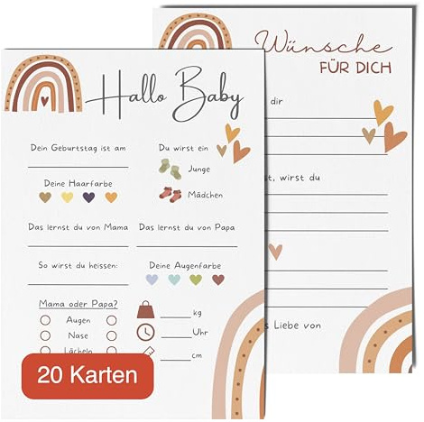 20 Ratespielkarten für Babypartys - Spiele für Gender-Reveal-Party und Babyshower, Tippkarten für Baby Mädchen und Jungen (Boho Regenbogen)