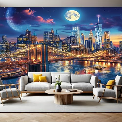Escena Nocturna de La Ciudad Papel Pintado Fotografía Puente de Brooklyn, Nueva York Fotomurales Decorativos Pared 300x210 cm Sofá Fondo Pared Pintado Papel Tapiz TV Dormitorio Fotomural Sala Mural