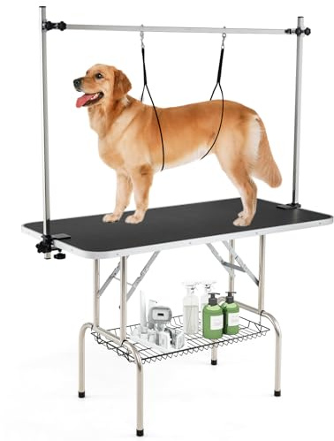 GYMAX Pet Grooming Table, 47'' Foldable Dog Grooming Table with Height Adjustable Arm, Loop Noose, Storage Basket, Portable Cat Drying Trimming Station for Large Dogs Cats