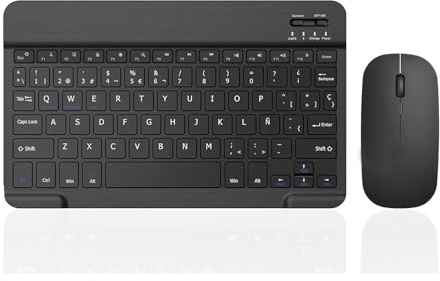 XOKUWU Teclado y Ratón Inalámbrico Bluetooth, 10” Español Ñ Teclado y Ratón Recargables Silenciosos y Portátiles para iPad Pro/iPad Air/Samsung/Huawei/Honor/Xiaomi/Tablet/iOS/Android/Windows