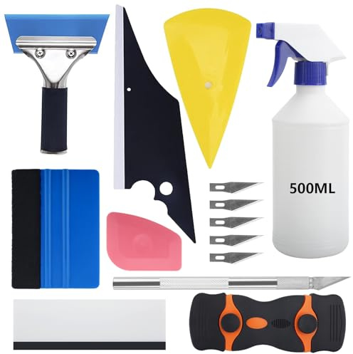 EZVEZS 14 Pièces Kit Covering Voiture,Kit Vitre Teintée Voiture,Outils Pose Film Teinté et Vinyle, Raclette en Feutre, Squeegee Silicone, Couteau Utilitaire avec Lames, Installation Film Vitre Auto