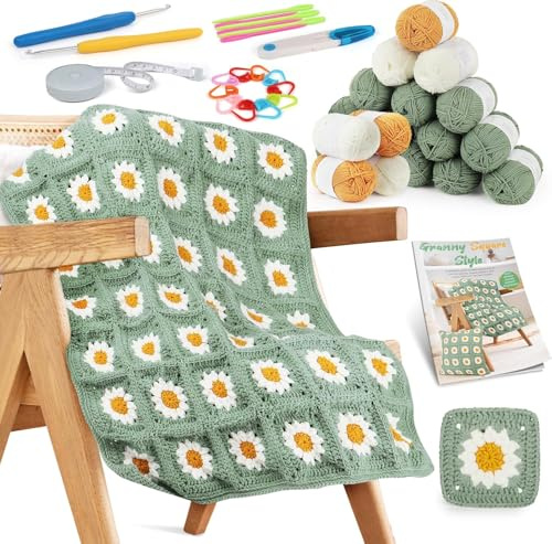 Houkiper Crochet Blanket Kit for Beginners Adults – Complete Granny Square Crochet Starter Kit with Yarn, Hooks, Accessories & Step-by-Step Instructions, DIY Daisy Crochet Blanket Set