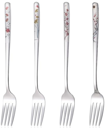 MBAIYO 4Pcs 8 Korean Forks, Stainless Steel Korean Fork with Floral Pattern Kitchen Forks Mirror Finish Flatware for Dinner Salad Dessert Home Restaurant Use