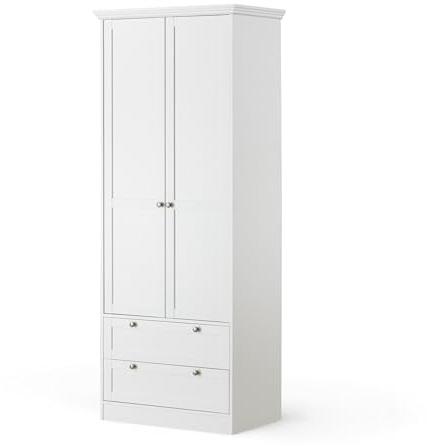 KHG Drehtürenschrank weiß 2 Türen 2 Schubkästen 1 höhenverstellbarer Einlegeboden 1 Kleiderstange Sockelgestell Holzwerkstoff Landhaus Stil