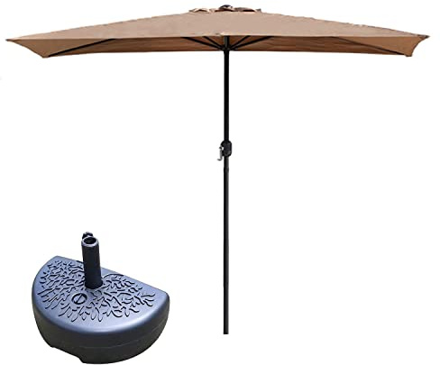 Sombrilla de jardín – Medio paraguas que ahorra espacio, parasol resistente de pared para porche y ventana, sistema de manivela fácil, Bronceado + base, 200x100cm