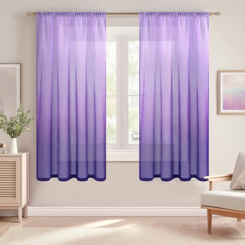 DWCN Lila Wohnzimmer Vorhänge mit Kräuselband Farbverlauf Gardinen 2er Set | H160 x B140 cm, Transparent Vorhang Schienensystem, Luftig Dekoschal, Sheer Curtains, für Fenster Küchen Schlafzimmer Modern