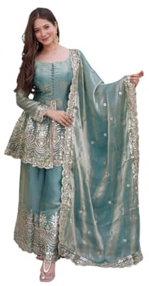 Fashion Gizz Traditional Designer Peplum Sharara Suit Teal green Organza, L