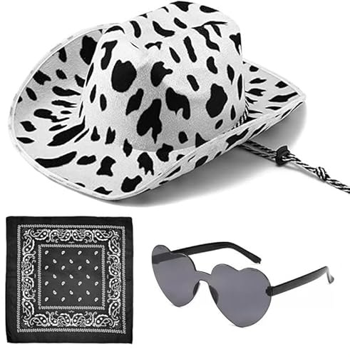 SYTTNUM Western Cowboyhut Set, Cowboyhut mit Kuhmotiv, Westernhut 3PCS, Herzförmige Sonnenbrille und Kopftuch, Geeignet für Männer und Frauen zum Tragen auf Halloween Kostüm Partys