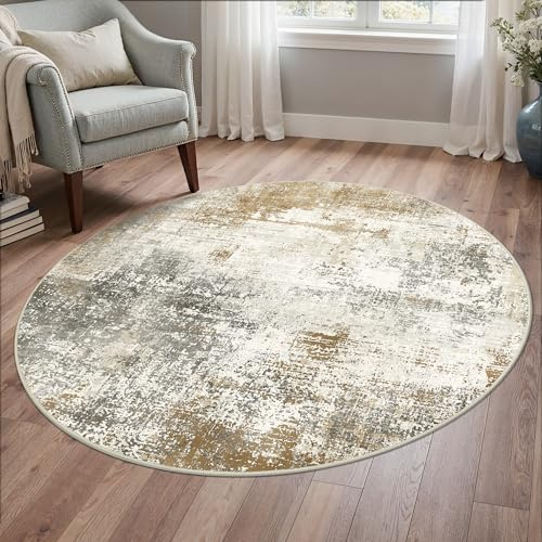 BEIMO Tappeto Salotto R135cm, Moderno Pelo Corto Antiscivolo, Lavabile in Lavatrice con Fondo in Tessuto Non Tessuto, Tappeto Astratto per Camera, Soggiorno, Scendiletto, Colore Oro