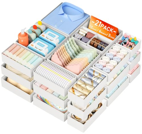 DIMJ Organizador Cajones - 21 Cajas Almacenaje Plegables de Tela Para Guardar Ropa, Organizadores de Cajones No Tejidos, Calcetines, Ropa Interior, Blanc