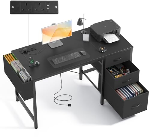 Claiks Kleiner Schreibtisch mit 3 Schubladen aus Stoff, 120x60 cm Computertisch mit 2 Steckdosen und USB-Anschlüssen, PC-Schreibtisch Bürotisch für Home Office, Schwarz