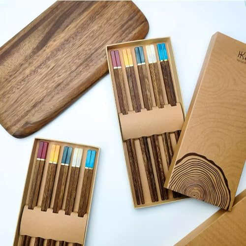 5 Pairs Reusable Wooden Chopsticks,QIANSSE Natural Wenge Wood Chop Sticks for Birthday Wedding Moving Home Gift
