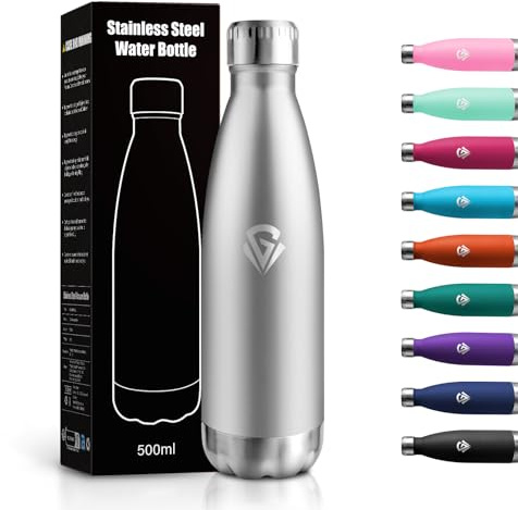 Gourde Isotherme 500ml, Gourde Inox Réutilisable Étanche, Bouteille Métal sans BPA Double Paroi, pour Sport, École, Bureau, Gym, Yoga, Camping, Randonnée