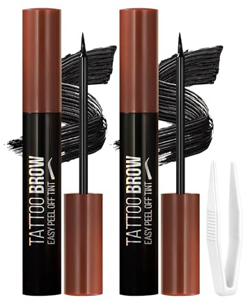 Erinde Tinte de Cejas Peel-Off 2 Piezas, Gel de Cejas de Larga Duración, con Pinzas, Efecto Natural, Sin Dañar el Vello ni Irritar, Hasta 3 Días #01 Negro