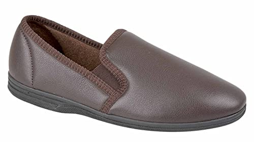 Mens New Boxed Slip On Faux Leather Twin Gusset Slippers Shoes Size 6-14 - Brown - UK 8