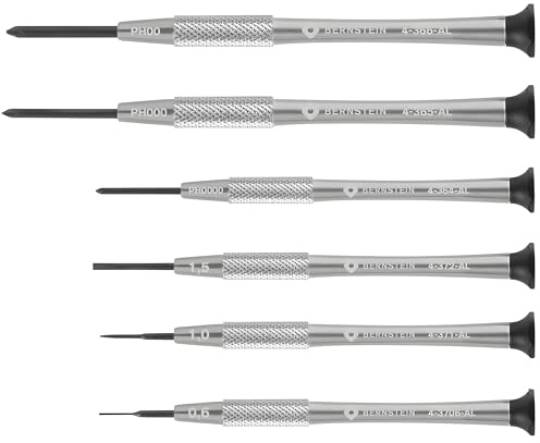 BERNSTEIN Set di micro cacciaviti da orologiaio, 6 pezzi, a taglio 0,6/1,0/1,5 mm e Phillips PH0000 / PH000 / PH00, set di utensili da orologiaio, per orologi, occhiali, riparazione
