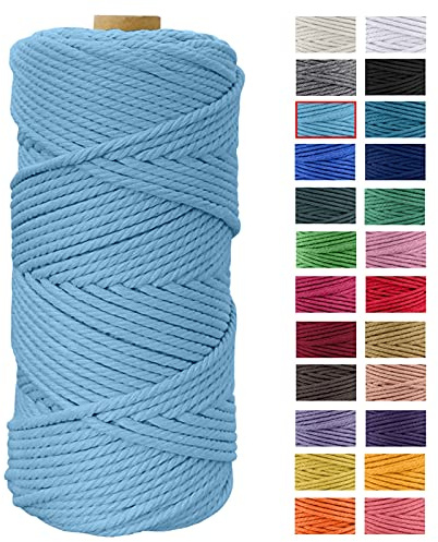 JeogYong Hilo Macrame 4mm x 100m Macrame Cuerda Algodon Natural Cordones de Algodon Colgante de Pared de DIY Artesanía, Colgador de Plantas, Aros para Atrapasueños, Tapices, Foto (Azul cielo)