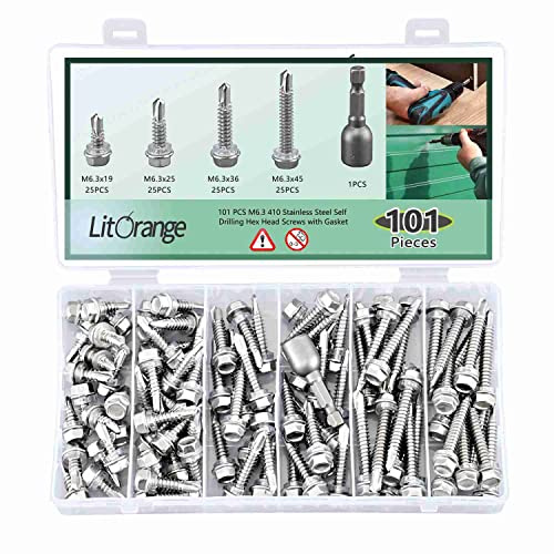 Litorange 101 PCS M6.3 Stainless Steel Self Drilling Hex Head Screws with Gasket, 4 Sizes of Hex Head Self Tapping Screws with Socket M6.3 * 19 25 32 45 mm, Boxed. | 410 Stainless Steel Self Drilling Hex Head Screws with EPDM Washer for Metal, 4 Sizes