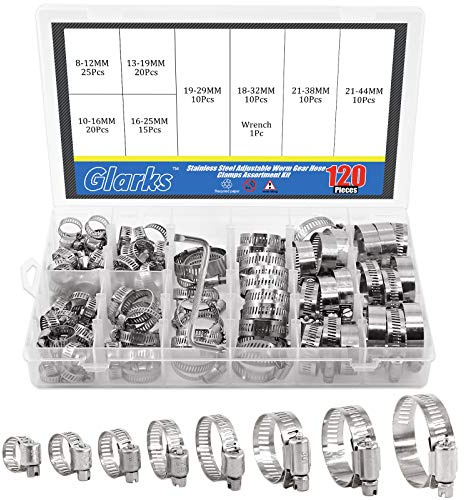 Glarks 120 Stück 304 Edelstahl Schlauchschellen Sortiment, Einstellbare 8–44 mm Schneckengetriebe Schlauch Clips Rohrschellen für Wasserleitungen, Gasrohr, Tank, Automobil-Tubing