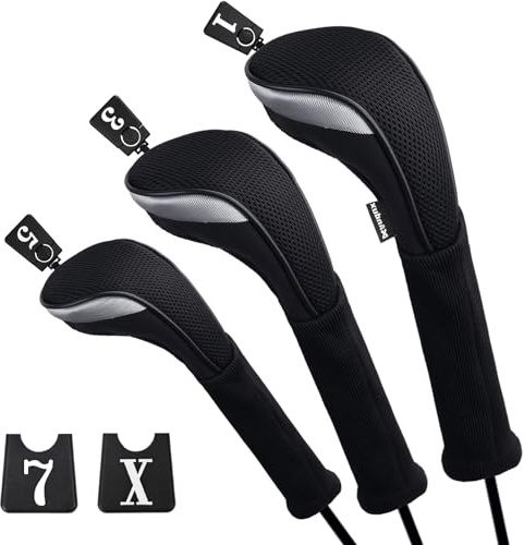 Andux Golf Schlägerkopfhüllen Driverkopfhüllen Holzkopfhüllen, 460cc Driver, extra Langer Hals, Schwarz 3 Stück/Set