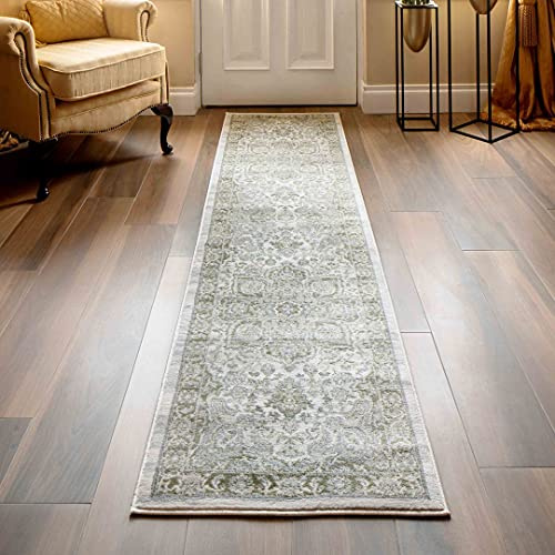 Traditional Antique Floral Medallion Sage Green Hallway Carpet Runner Rug Classic Oriental Cream Moroccan Distressed Bedroom Kitchen Living Dining Room Long Narrow Floor Mat Area Rugs 60cm x 240cm
