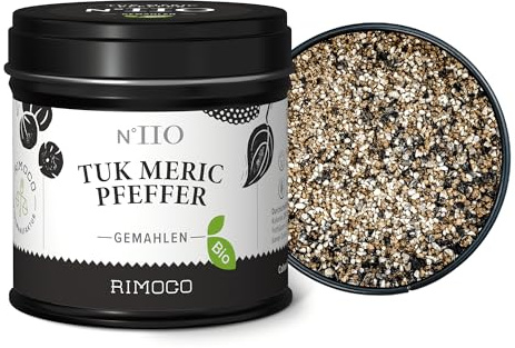 Rimoco N°110 Bio Tuk Meric Pfeffer Mischung aus Kampotpfeffer, Kokosblütenzucker und Meersalz | kambodschanischer Pfefferdip | Bio Anbau (DE-ÖKO-007) | 90g in eleganter Gewürzdose mit Aromadeckel