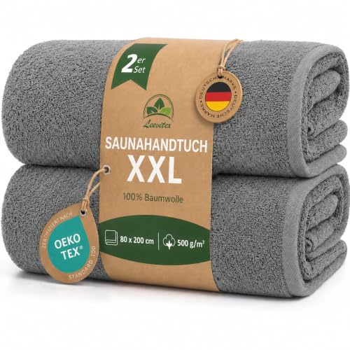 leevitex Saunahandtücher XXL 2er Set 80x200 cm, 100% Baumwolle, Badetuch | Flauschig & saugstark · OEKO-TEX zertifiziert · 100% Baumwolle, 500 g/m² Premium-Frottee, Grau