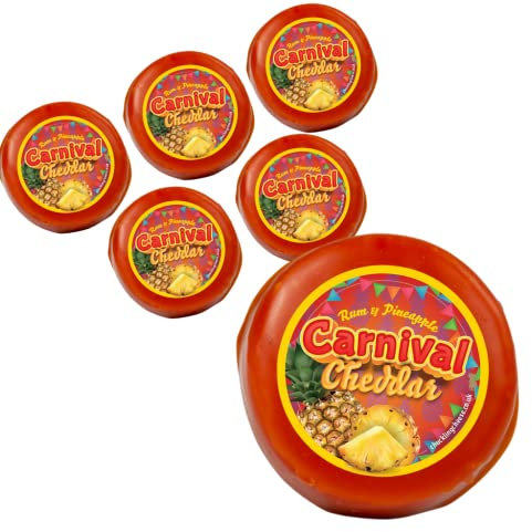 Rum and Pineapple Carnival Cheese Truckle 6 Pack (1140g). A Delicious, Perfectly Combined Cheddar Cheese With Chunks Of Pineapple And Rum Flavouring. The Chuckling Cheese Company.
