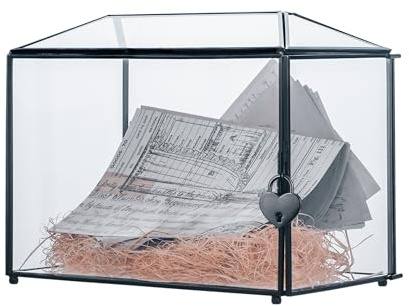 NCYP 26cm Hochzeitsglaskartenbox mit Schlitz und Schloss, handgefertigte schwarze geometrische Terrarienbox für Geburtstage, Partys, Empfänge, Wunschbrunnengeschenk (Nur Glasbox und Schloss)