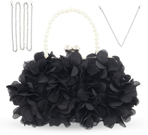 JAMBHALA Women Elegant Evening Purse, Small Floral Clutch Bag with Detachable Chain for Wedding, Party, Prom (Black)