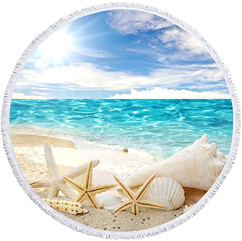Queenshin Microfiber Round Beach Towels Starfish Circular Blanket Fast Dry & Sandproof, Extra Large Holiday Picnic Table Circle Throws 150 CM with Fringe