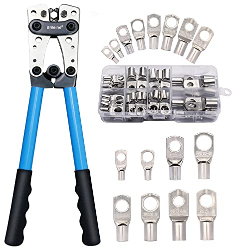 Brileine Battery Cable Crimping Tool Kit from AWG 1/0-8 with 60PCS Copper Ring Terminals 8 Sizes Battery Cable Lug Crimper for Heavy Duty Wire Lugs, Battery Terminal, Copper Lugs(Set Blue)
