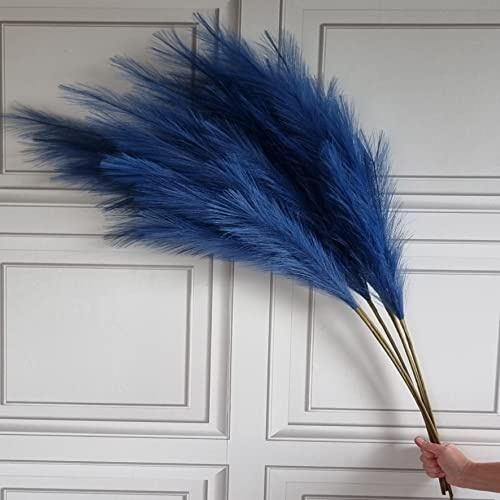 Une seule tige artificielle de pampa en herbe, grande tige de 115 cm de long, moelleuse et colorée, décor de style fleur séchée (bleu marine)