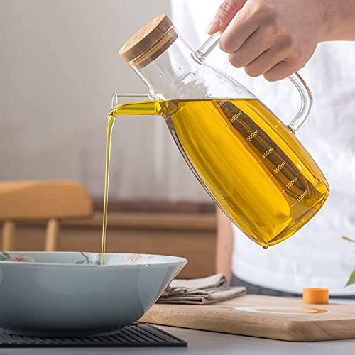 FIYSON Glass Cooking Oil Bottle,Leakproof Condiment Container with Wood lid and Silicone Stopper, Olive Oil Vinegar Dispenser Bottle with Scale Line for Kitchen Cooking and Barbecue,650ml,BPA Free