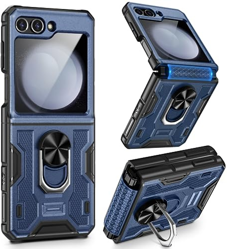 VEGO for Galaxy Z Flip 5 Case, Samsung Z Flip 5 case with Screen Protector & Hinge Protection, 360° Ring Kickstand, Full Body Protective Cover Case for Samsung Flip 5 2023 - Navy Blue