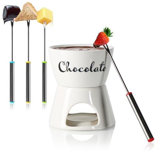 COM-FOUR® Set per Fonduta di Cioccolato con Scritte - Crogiolo per Cioccolato e Formaggio - Ciotola in Ceramica con Portacandele e 4 Forchette - Ciotola per Crogiolo per 4 Persone (bianco - scritte)