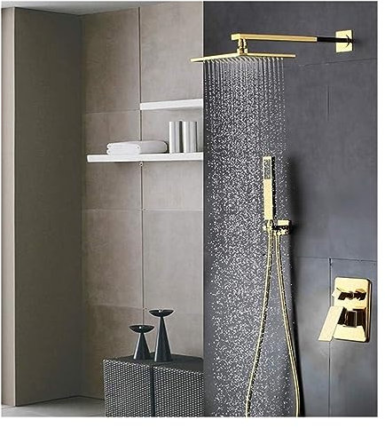 HADWAO New Modern Style Brass Bathroom Shower System, Rain Mix Shower Combo Set, Wall Mounted Square Rain Shower Head Hand Shower Spray System, Polished Gold Shower Faucet