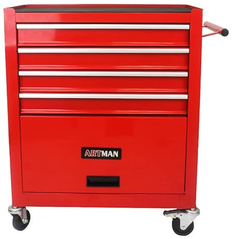PULLAFUN Rollbarer Werkzeugwagen mit 4 Schubladen, Werkzeugkiste mit Rollen, Werkzeugaufbewahrung, Organizer für Garage, Lager, Reparaturwerkstatt, 104 kg Kapazität, 61 cm D x 33 cm B x 66 cm H (rot)